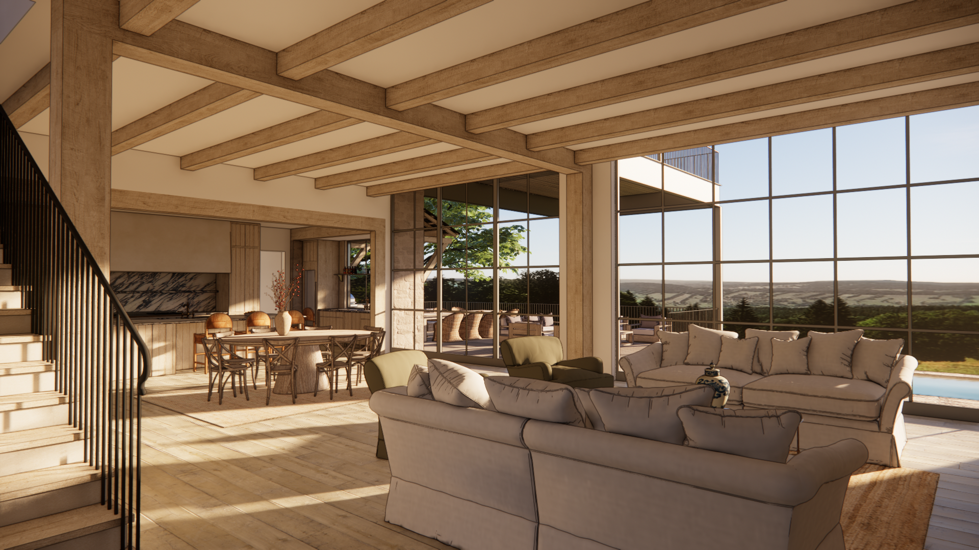 Open living and kitchen oriented toward Hill Country views