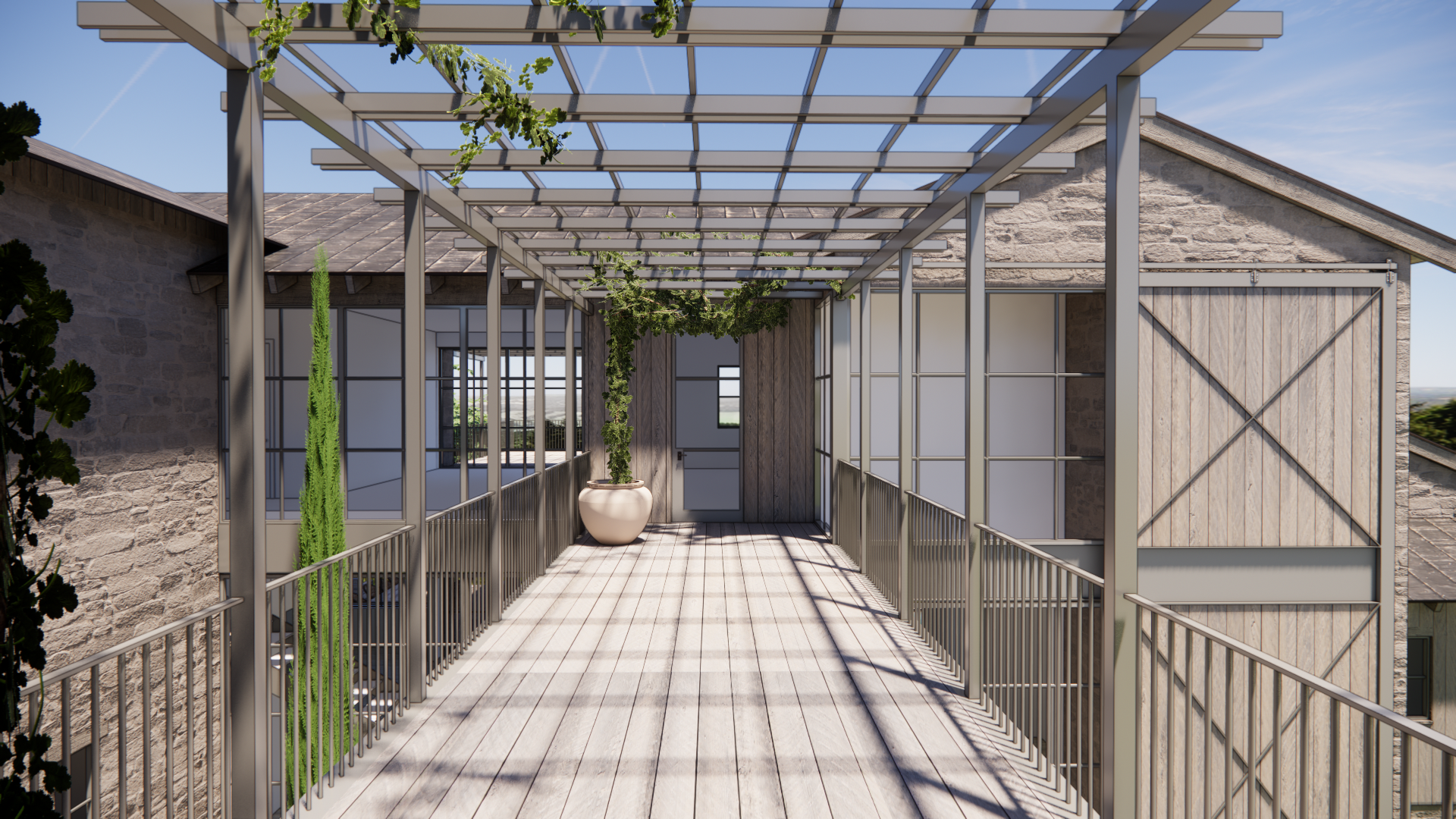 Pergola bridge linking the home’s upper level