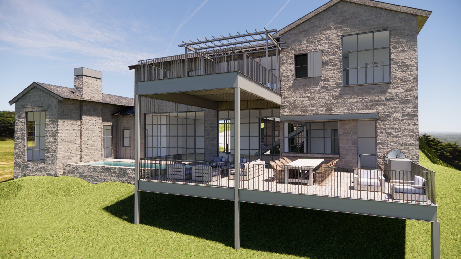 Pool and covered terrace overlooking the hillside