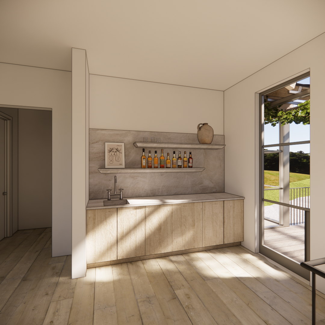 Compact wet bar opening to the pergola